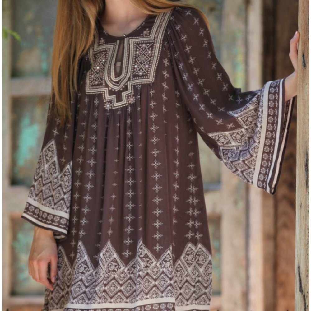 BOHO STYLE BROWN & CREAM DRESS 2  — in SIZE SMALLi